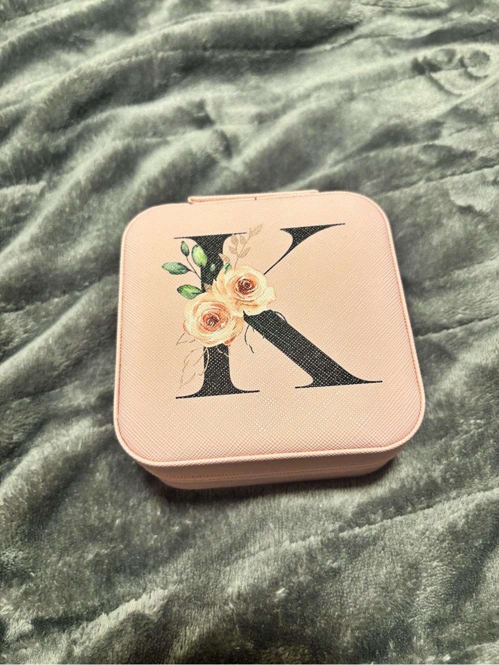 Pink Initial 'K' Jewelry Travel Case with Floral Accent
